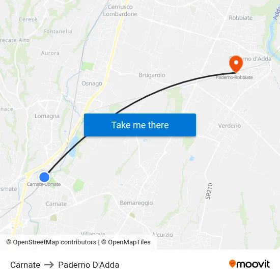 Carnate to Paderno D'Adda map