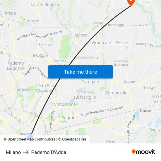 Milan to Paderno D'Adda map