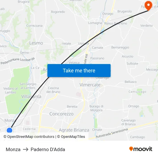 Monza to Paderno D'Adda map