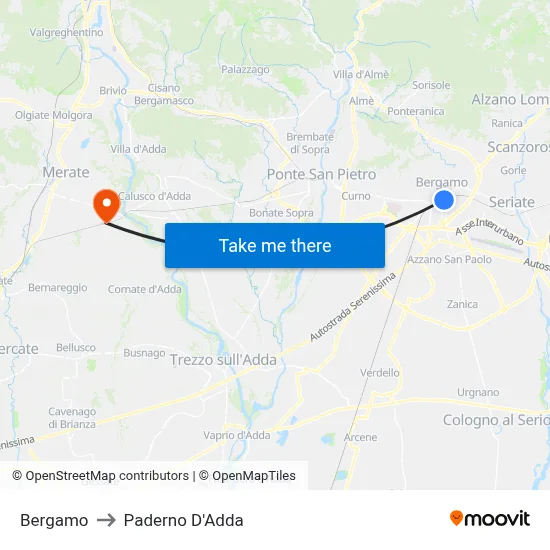 Bergamo to Paderno D'Adda map