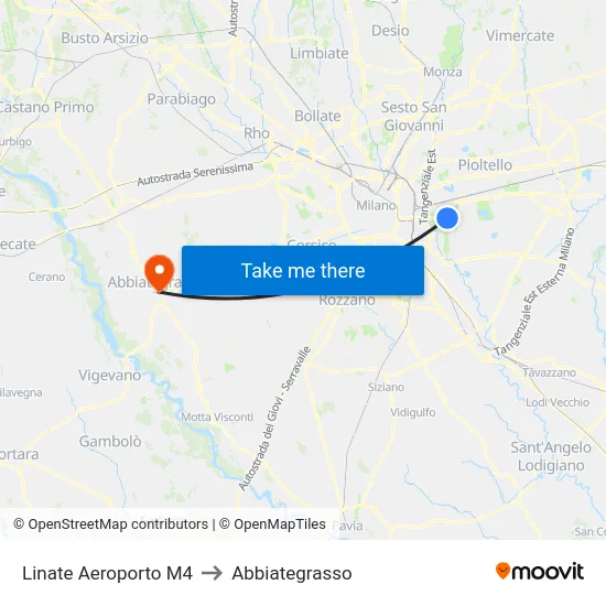 Linate Aeroporto M4 to Abbiategrasso map