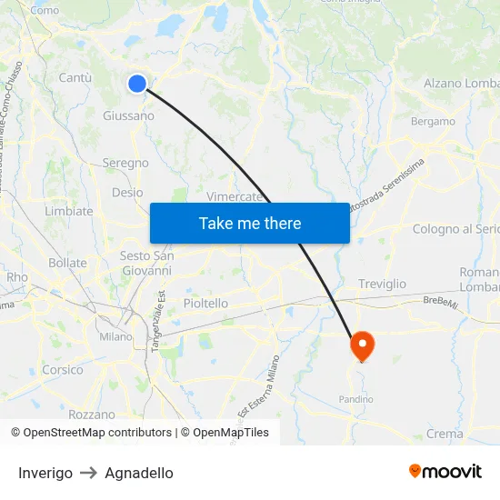 Inverigo to Agnadello map