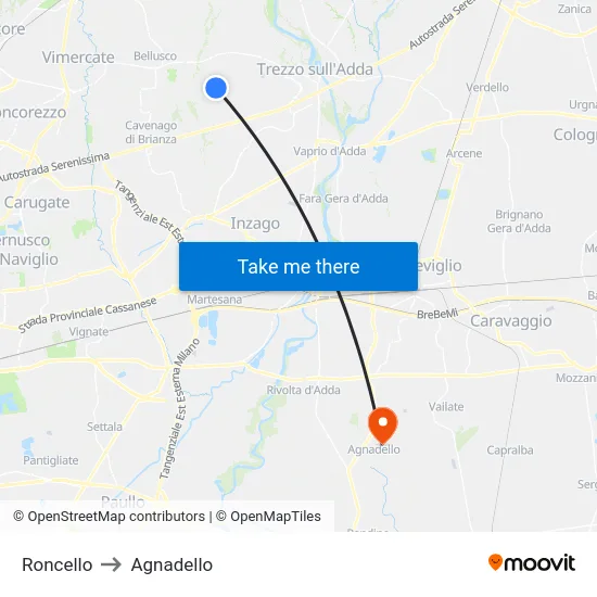 Roncello to Agnadello map