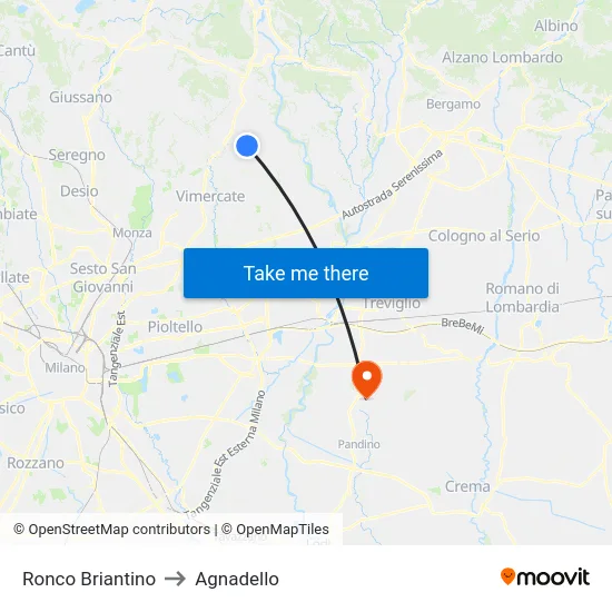 Ronco Briantino to Agnadello map