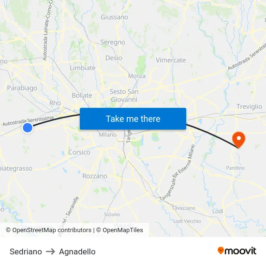 Sedriano to Agnadello map