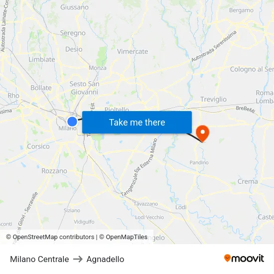 Milan Central to Agnadello map