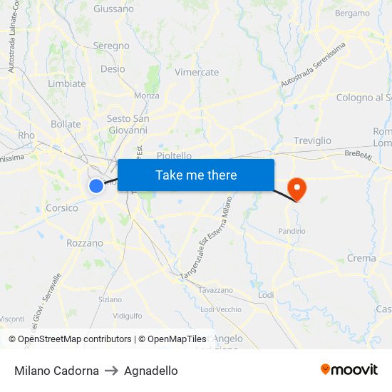 Milano Cadorna to Agnadello map