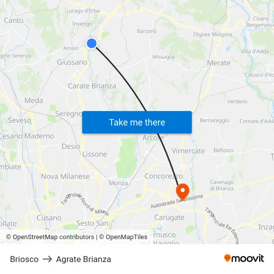 Briosco to Agrate Brianza map