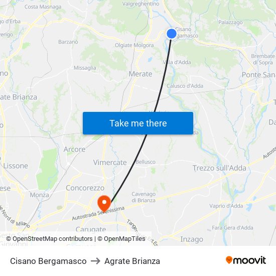 Cisano Bergamasco to Agrate Brianza map