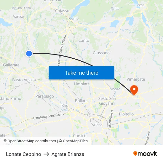 Lonate Ceppino to Agrate Brianza map