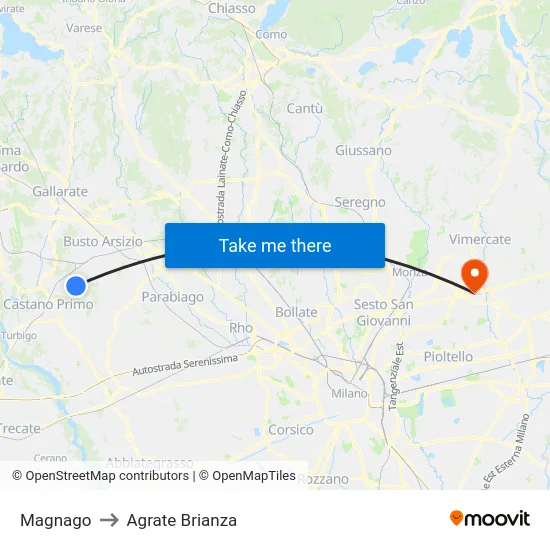Magnago to Agrate Brianza map