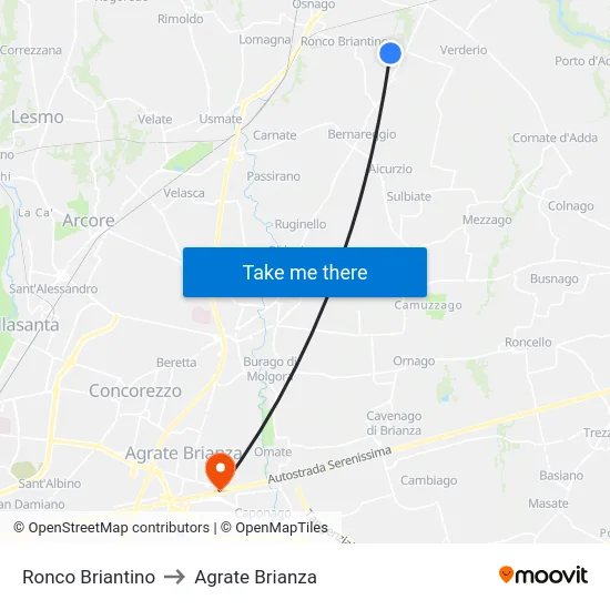 Ronco Briantino to Agrate Brianza map