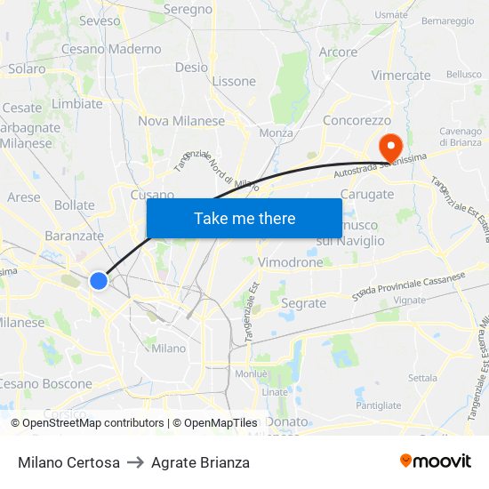 Milano Certosa to Agrate Brianza map
