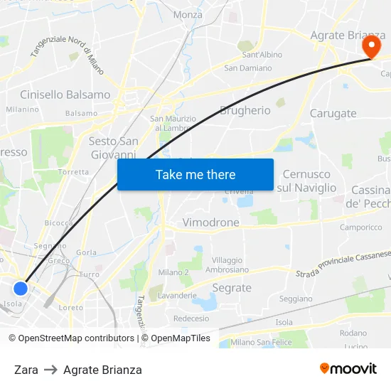 Zara to Agrate Brianza map