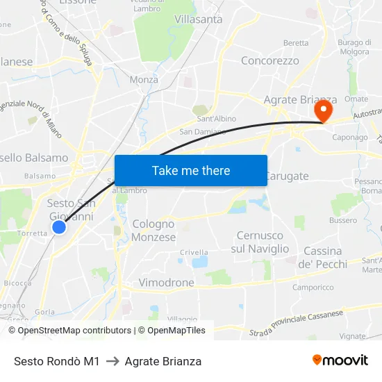 Sesto Rondò M1 to Agrate Brianza map