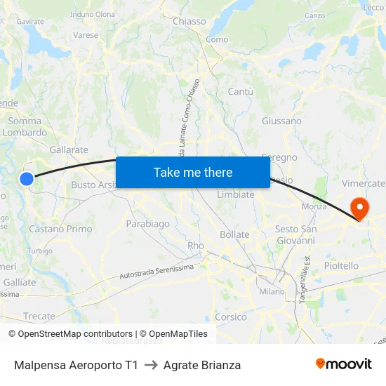 Malpensa Aeroporto T1 to Agrate Brianza map