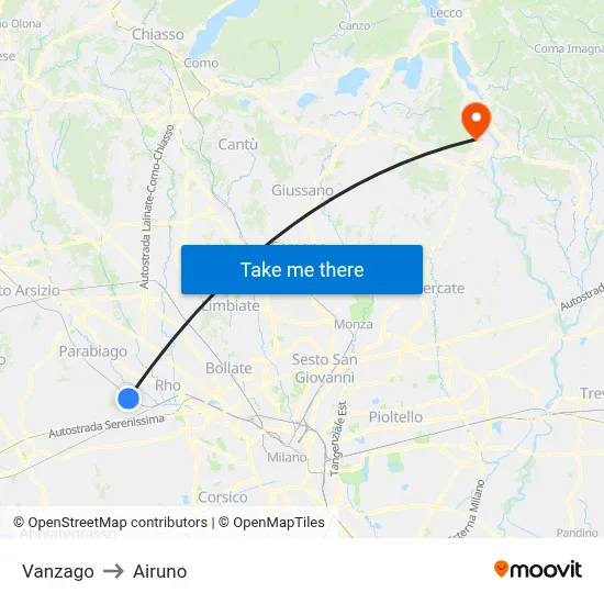 Vanzago to Airuno map
