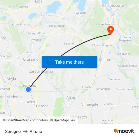 Seregno to Airuno map