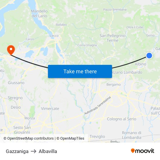 Gazzaniga to Albavilla map