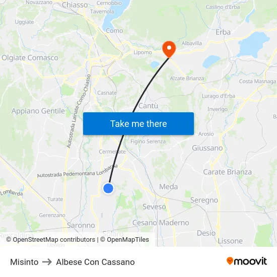 Misinto to Albese con Cassano map