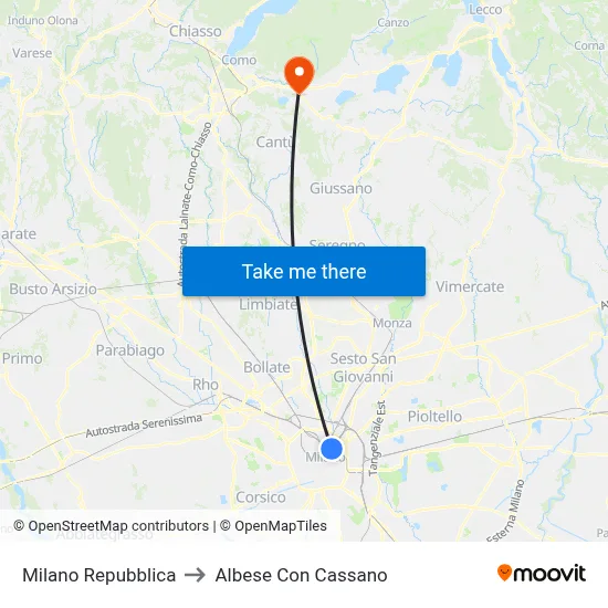 Milan Repubblica to Albese con Cassano map