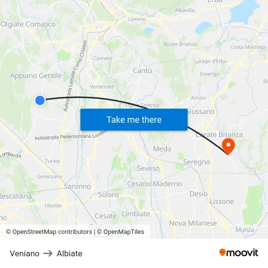 Veniano to Albiate map