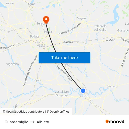 Guardamiglio to Albiate map