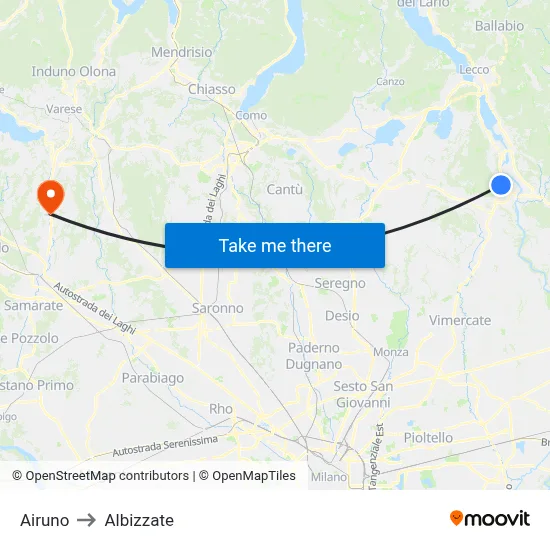 Airuno to Albizzate map