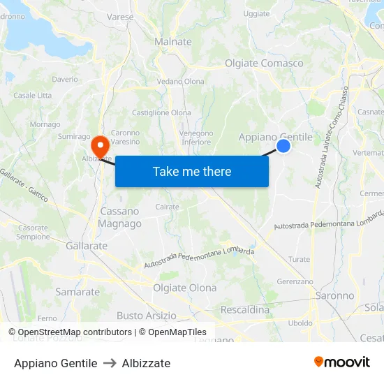 Appiano Gentile to Albizzate map