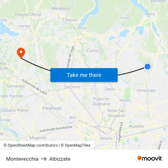 Montevecchia to Albizzate map