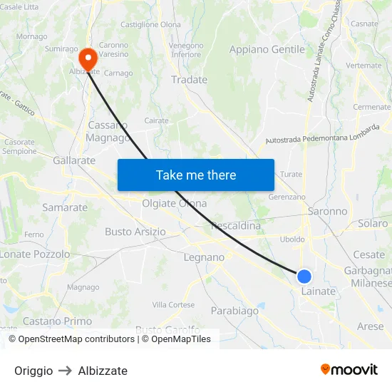 Origgio to Albizzate map