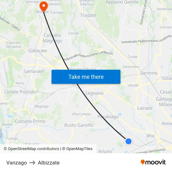 Vanzago to Albizzate map