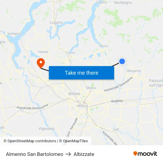 Almenno San Bartolomeo to Albizzate map