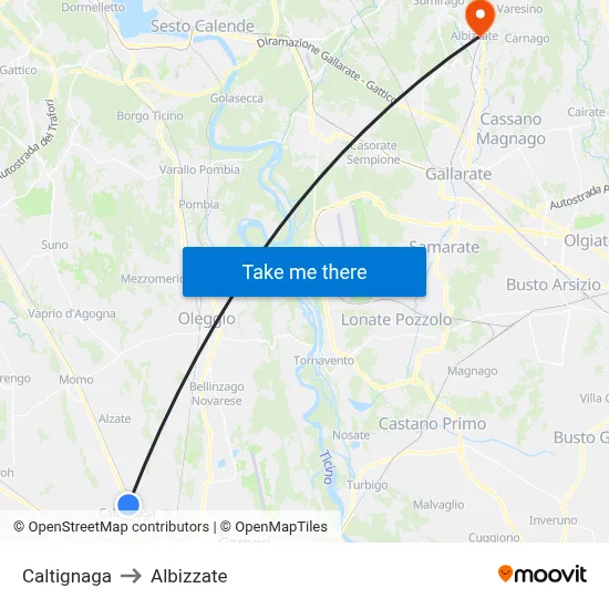Caltignaga to Albizzate map