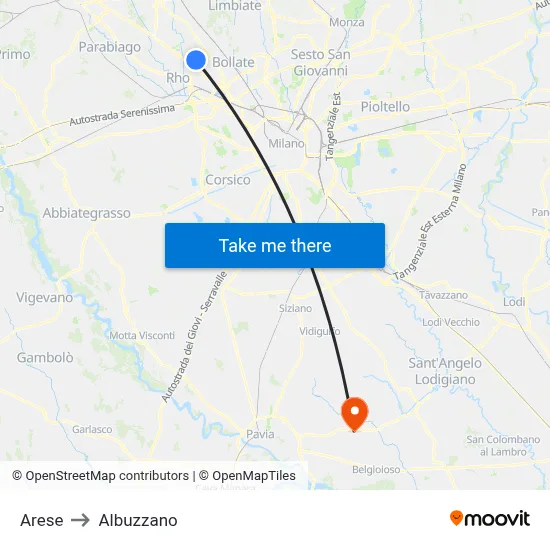 Arese to Albuzzano map