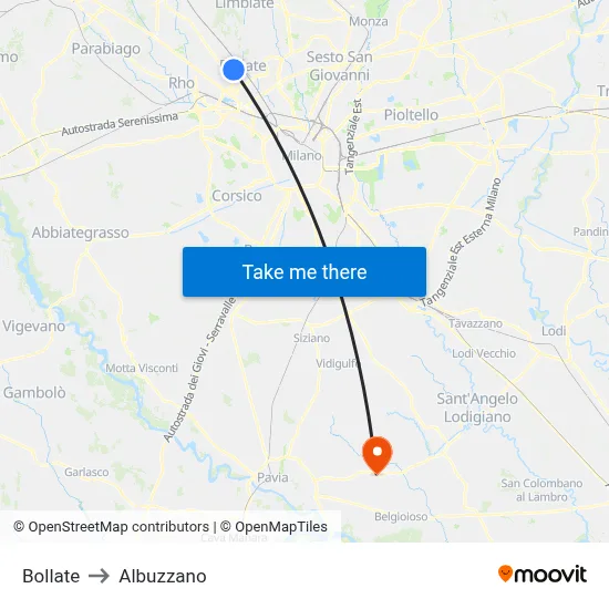 Bollate to Albuzzano map