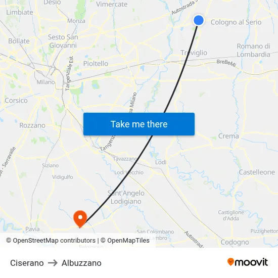 Ciserano to Albuzzano map