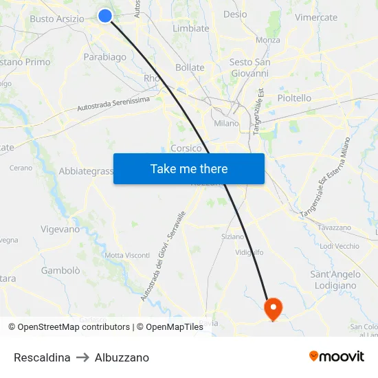 Rescaldina to Albuzzano map