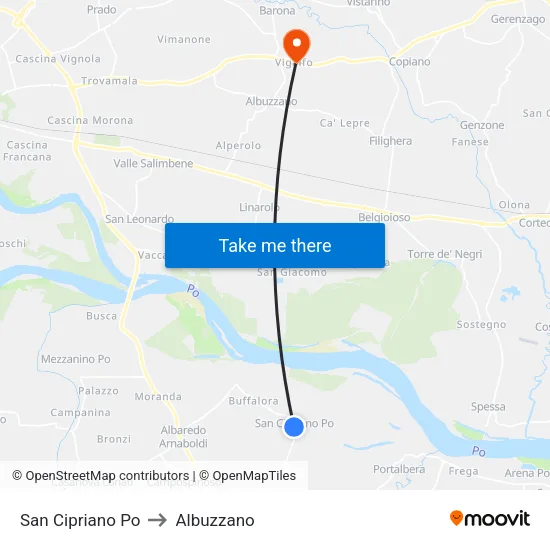 San Cipriano Po to Albuzzano map