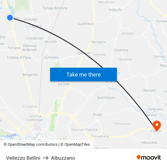 Vellezzo Bellini to Albuzzano map