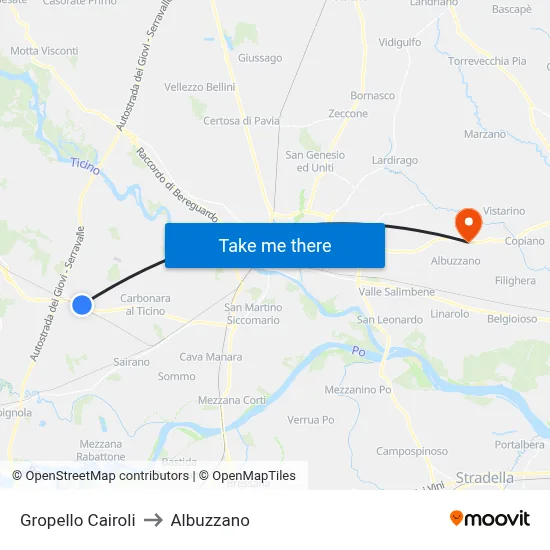 Gropello Cairoli to Albuzzano map