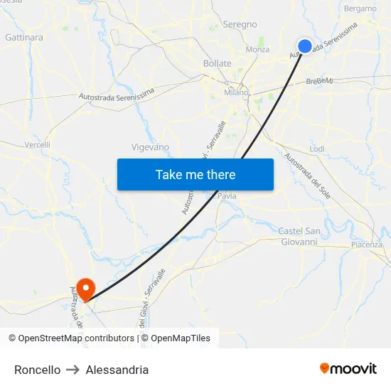 Roncello to Alessandria map
