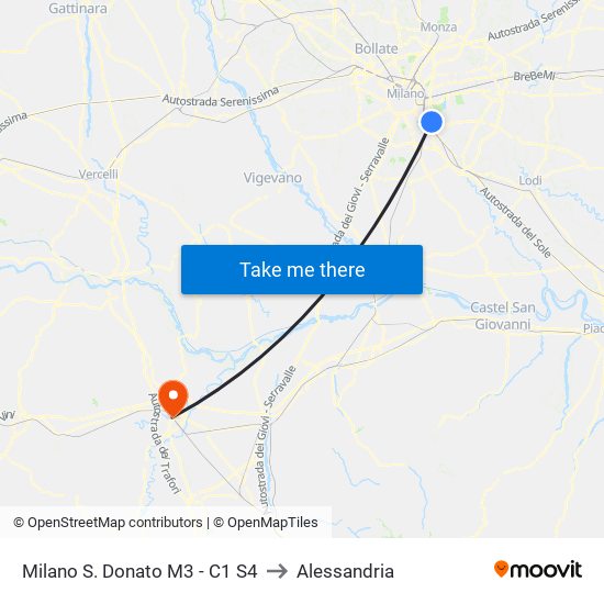 Milano S. Donato M3 - C1 S4 to Alessandria map