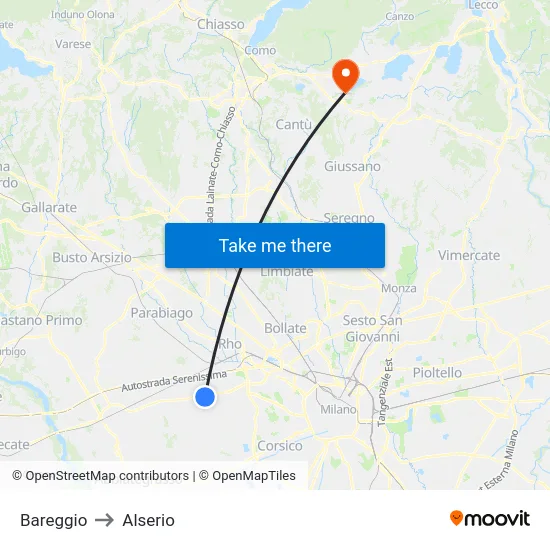 Bareggio to Alserio map