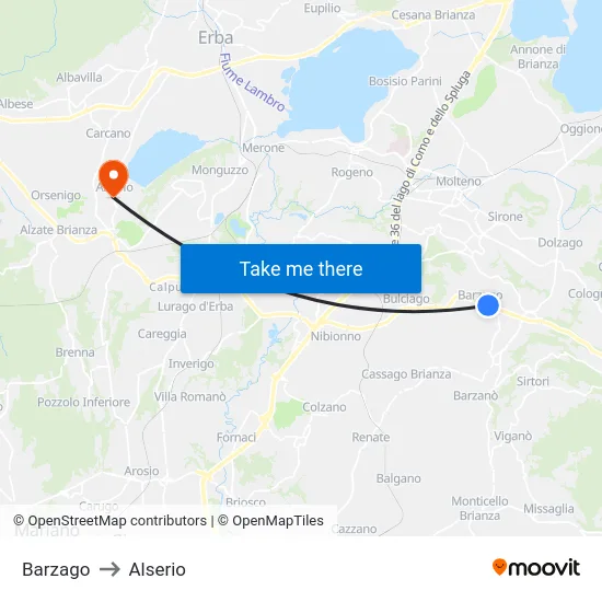 Barzago to Alserio map
