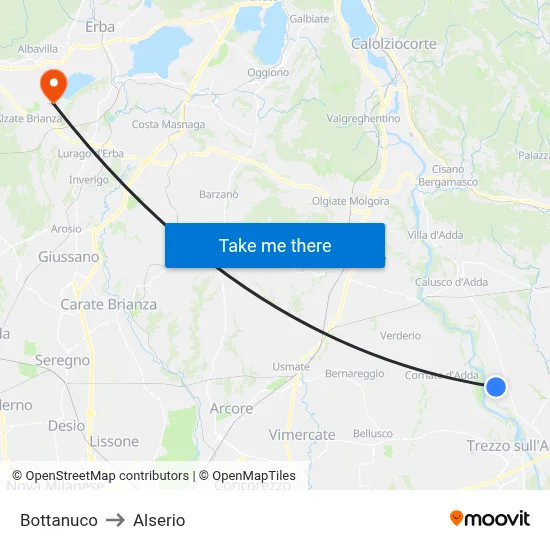 Bottanuco to Alserio map