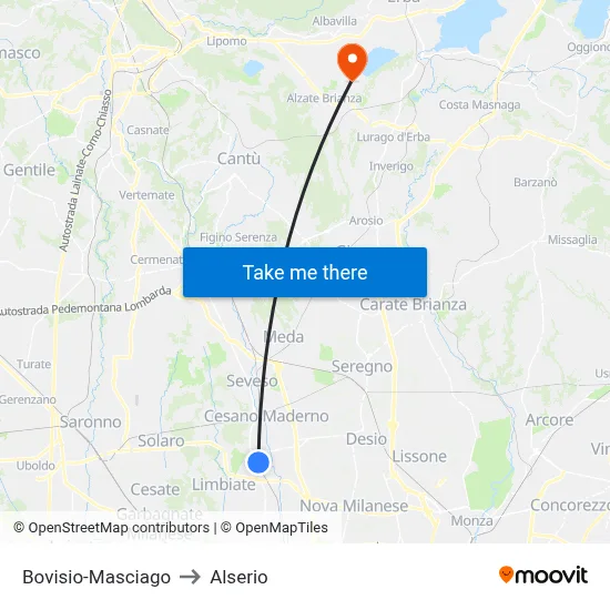 Bovisio-Masciago to Alserio map