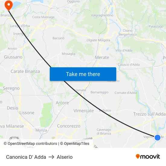 Canonica D' Adda to Alserio map