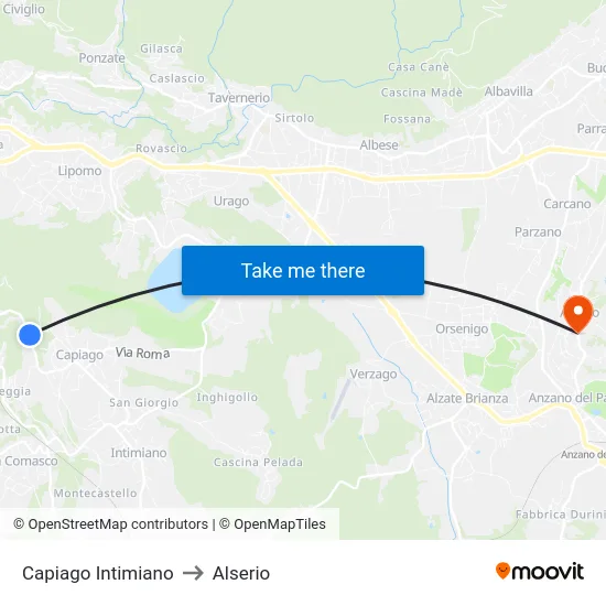 Capiago Intimiano to Alserio map
