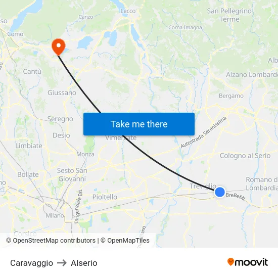 Caravaggio to Alserio map